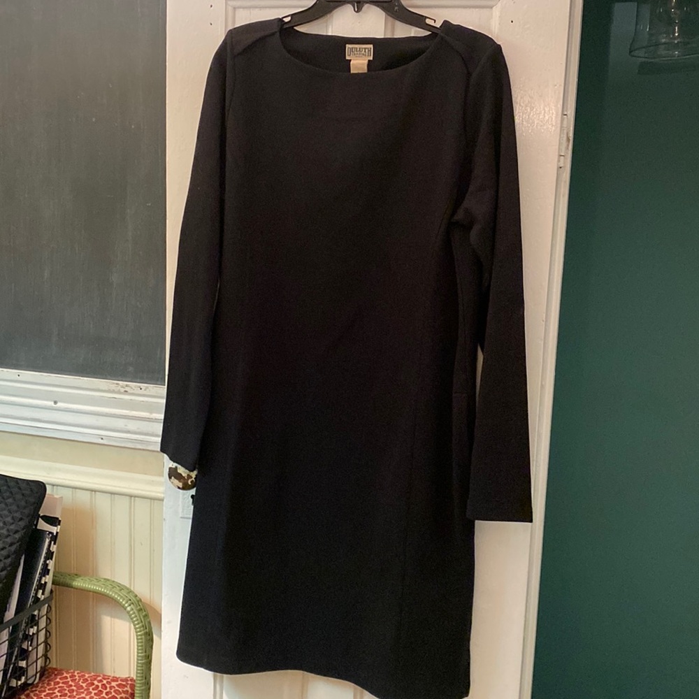 DULUTH TRADING NWT Large black Ponte Pro knit dress travel work pockets comfort